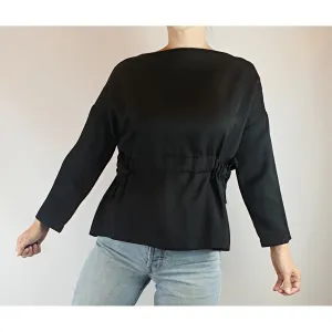 Alpha 60 pre-owned black linen mix long sleeve top with drawstring waist size XS (best fits size 8)