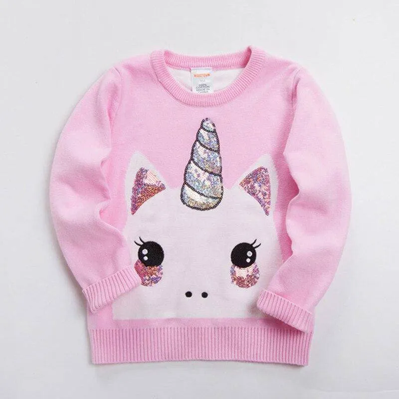 Fashion Soft Cotton Knitted Sequin Adorable Sweater - Pink Unicorn